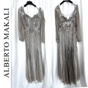 Alberto Makali Beaded Sequined Sheer Sleeve Hollywood Gown sz 10